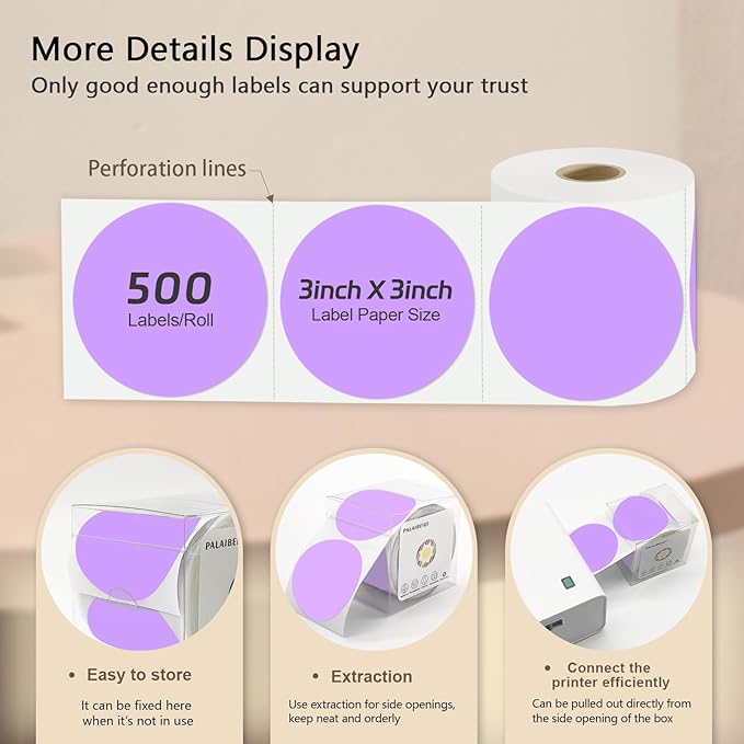 3 X 3 Inch Round Thermal Labels Circle Color Coding Labels Printable Waterproof 500PCS Round Stickers Adhesive Writable for Office, Home, Garage, DIY Sticker,Barcodes,Name Tag, Light Purple