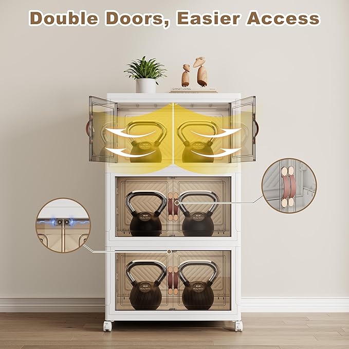 SAILUN 165QT Stackable Storage Bins with Lid, Collapsible Storage Bins With Doors and Wheels, Folding Plastic Cabinet Containers for Home Kitchen Closet Organization, 3 Pack