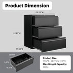 Metal File Cabinet with Lock, 3 Drawer Lateral File Cabinets for Home Office, Heavy Duty Office Storage Cabinet for A4/Letter/Legal Size, Assembly Required(Black)