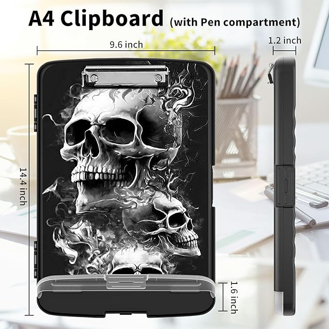 Clipboard with Storage High Capacity Plastic Nursing Clipboards with Pen Holder File Folder Storage Box Clipboard with Heavy Duty Clips for Teacher,Doctor,Offices-Skull
