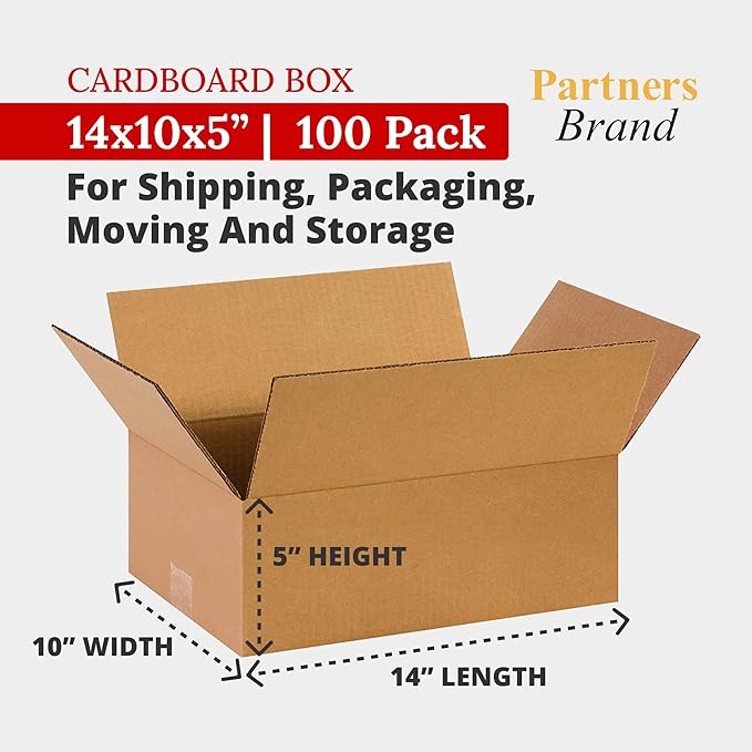 Partners Brand 14x10x5 Corrugated Cardboard Boxes, 14"L x 10"W x 5"H, Pack of 100 | Shipping, Packaging, Moving, Storage Box for Business, Strong Wholesale Bulk Boxes 14x10x5