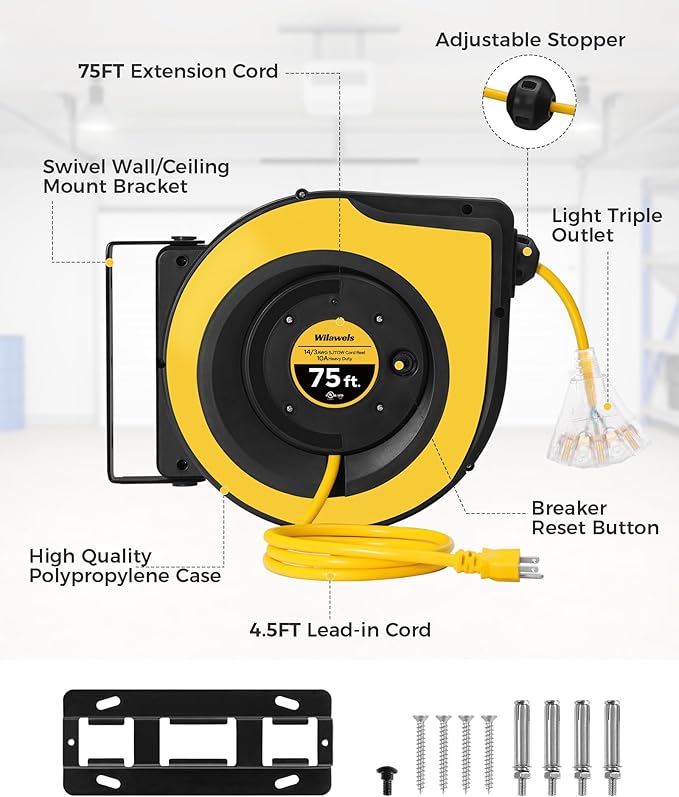 Retractable Cord Reel, 75 FT Heavy Duty Extension Cord, 14AWG/3C SJTOW, 3 Grounded Outlets Lighted Triple Tap, 10A Circuit Breaker, Wall/Ceiling Mounted, UL Listed, Yellow Y75CR06