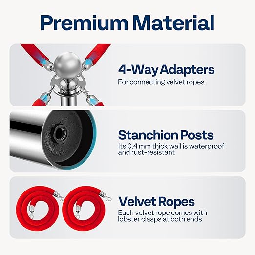 VIVOHOME Stainless Steel Stanchion Post Queue 6PCS Pole w/ 4 Red Velvet Ropes, Crowd Control Barriers w/Fillable Base for High-end Venues, Museums, Party Supplies (6 Pieces, Silver)