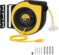 Retractable Cord Reel, 60 FT Heavy Duty Extension Cord, 12AWG/3C SJTOW, 3 Grounded Outlets Lighted Triple Tap, 15A Circuit Breaker, Wall/Ceiling Mounted, UL Listed, Yellow Y60CR06