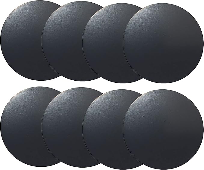 Replacement Metal Plates Set for Magnetic Car Phone Holders, Wall & Air Vent Mounts, Cases, Magnets. Kit of 8 Black Round Iron Discs Without Holes. 3M Adhesive Backing. Matte Steel Sheets 8 Pack