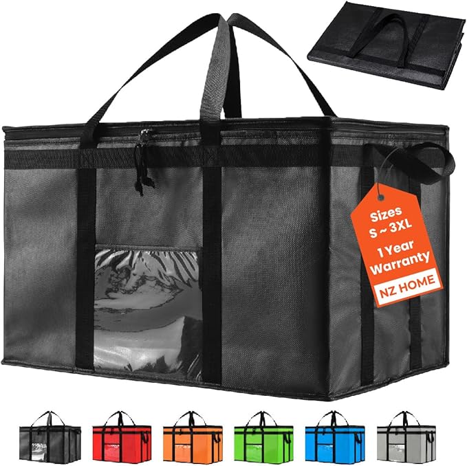 Insulated Cooler Bag and Food Warmer (3XL, 2 Pack) for Delivery & Grocery Shopping with Zippered Top, Black