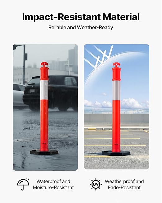 VEVOR 6 Pack Traffic Delineator Posts, 48 inches Traffic Safety Cones with Weighted Base and Reflective Strips, Heavy Duty Delineator Posts for Construction Site, Parking Lot, Crowd Control, Red