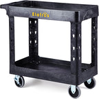 ELAFROS Heavy Duty Plastic Utility Cart 34 x 17 Inch - Work Cart Tub Storage W/Deep Shelves and 2 Fixed 2 Swivel Wheels Safely Holds up to 550 lbs - 2 Tier Service Cart for Warehouse,Garage, Black