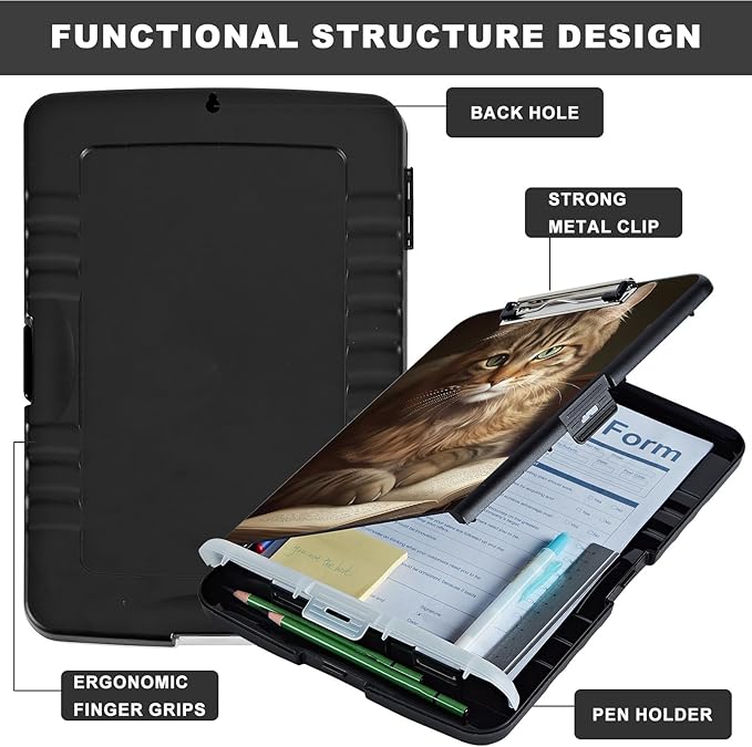 Clipboard with Storage,Storage Clipboard with Pen Holder,Heavy Duty Plastic Storage Clipboard with Low Profile Clip, Clipboard Folder, Teacher Must Haves, Office Supplies,Brown Cat and Books