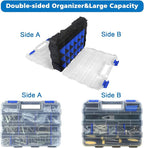 Double Side Tool Box Organizer, Hardware Storage Box, Portable Small Parts Organizer with Removable Plastic Dividers for Screws, Nuts, Nails, Bolts (Blue)