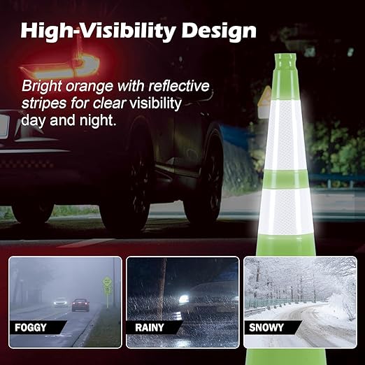4 Pack 36 Inch Green PVC Traffic Cones Black Base Stable Large Size, Highway Traffic Outdoor Construction Safety Warning Cones (4, Green, 36 Inch)