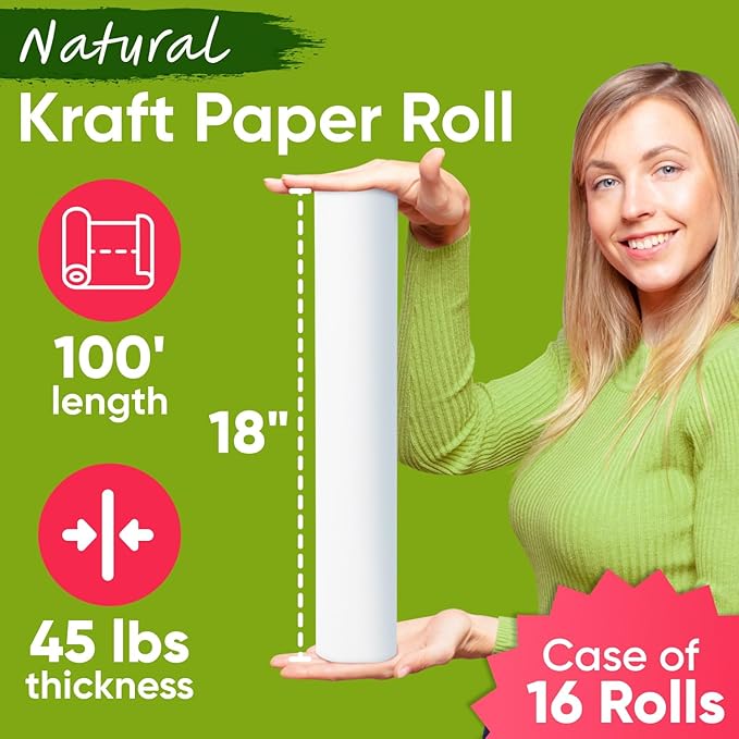 18" x 1200" (100 ft) White Kraft Paper Roll, 45 lbs Thickness, Made in USA Kraft Paper for School, Arts & Crafts, Gift Wrapping, Packing for Moving