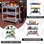 Plastic Utility Carts with Wheels, 3-Tier Large Size Restaurant Food Cart, Heavy Duty 600lbs Capacity Rolling Service Cart w/Hammer for Commercial, Kitchen, Office (Lockable Wheels, L-Grey)