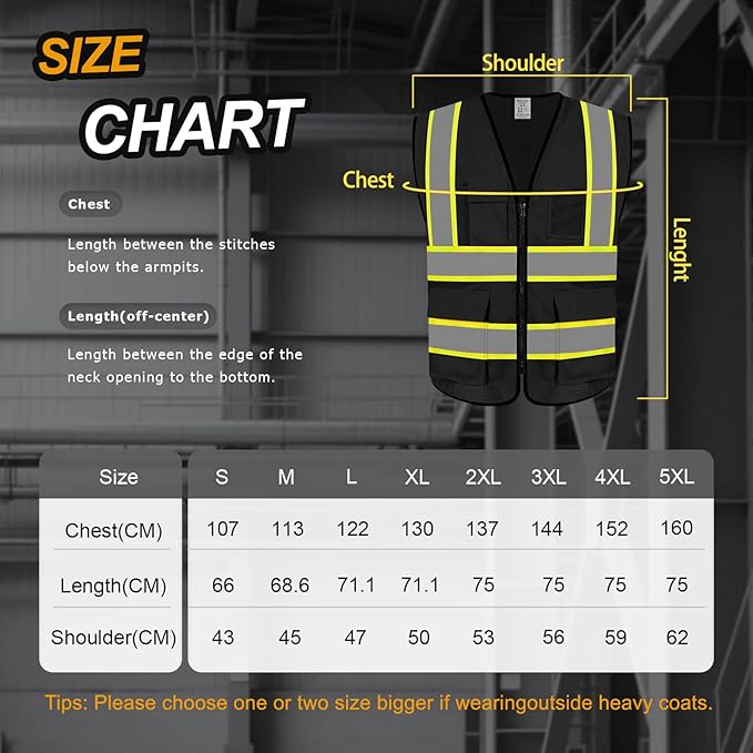 Safety Vest for Men Women 5 Pockets High Visibility Vest with Reflective Strips, Hi Vis Vest with Mesh Fabric, Breathable, (GR720-Black,XL).