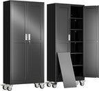 75" H Metal Garage Storage Cabinet, Rolling Tool Cabinet with 2 Doors and Wheels, Locker Steel Cabinet with 5 Adjustable Shelves, Organization Cabinet for Garage,Office,Home,Gym,School（Black）