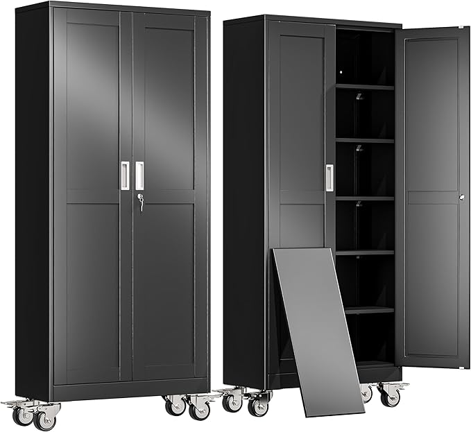 75" H Metal Garage Storage Cabinet, Rolling Tool Cabinet with 2 Doors and Wheels, Locker Steel Cabinet with 5 Adjustable Shelves, Organization Cabinet for Garage,Office,Home,Gym,School（Black）