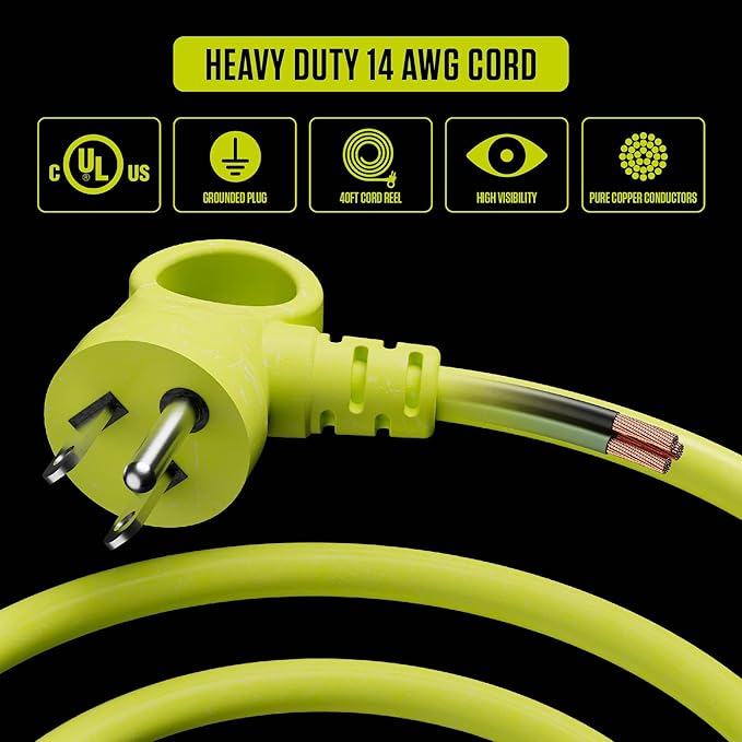 Masterplug 40ft Case Cord Reel, Retractable Extension Lead with Winding Handle, Safety Overload Circuit Breaker and Power Switch, 4X Grounded Outlets, 13amps, 14AWG Cable