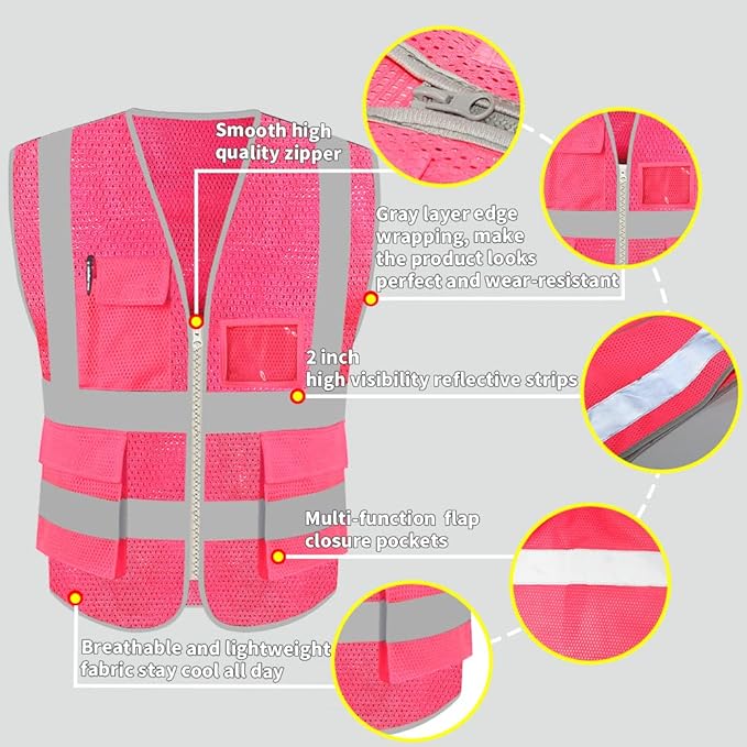 HYCOPROT High Visibility Mesh Safety Reflective Vest with Pockets and Zipper, Meets ANSI/ISEA Standards