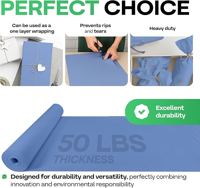 Blue Kraft Paper Roll 48" x 1200" (100 feet) with Cutter - USA-Made Gift Wrapping Paper for Packing, Moving, Shipping & Crafts/Arts - 100% Recyclable Natural Craft Material by IDL Packaging