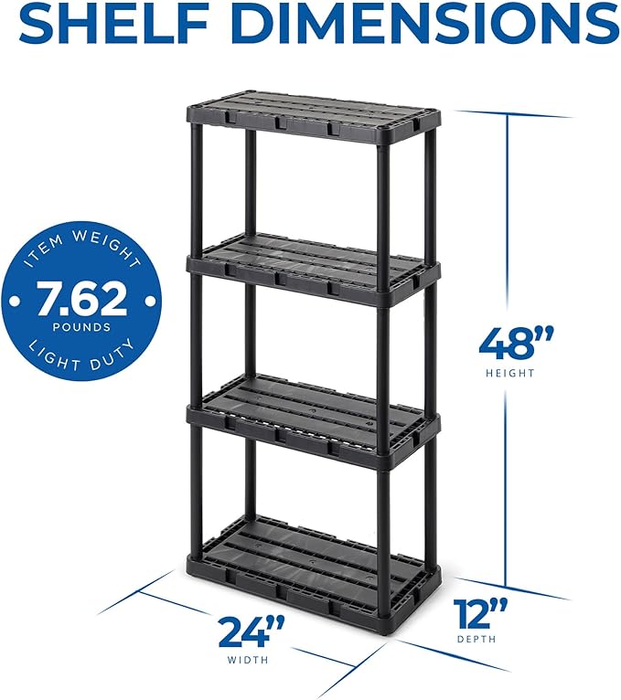 Gracious Living 2 Pack Light Duty Storage Shelves, Knect-A-Shelf 4-Shelf Ventilated Shelving Rack Organizer for Home, Garage, Basement & Laundry, Black
