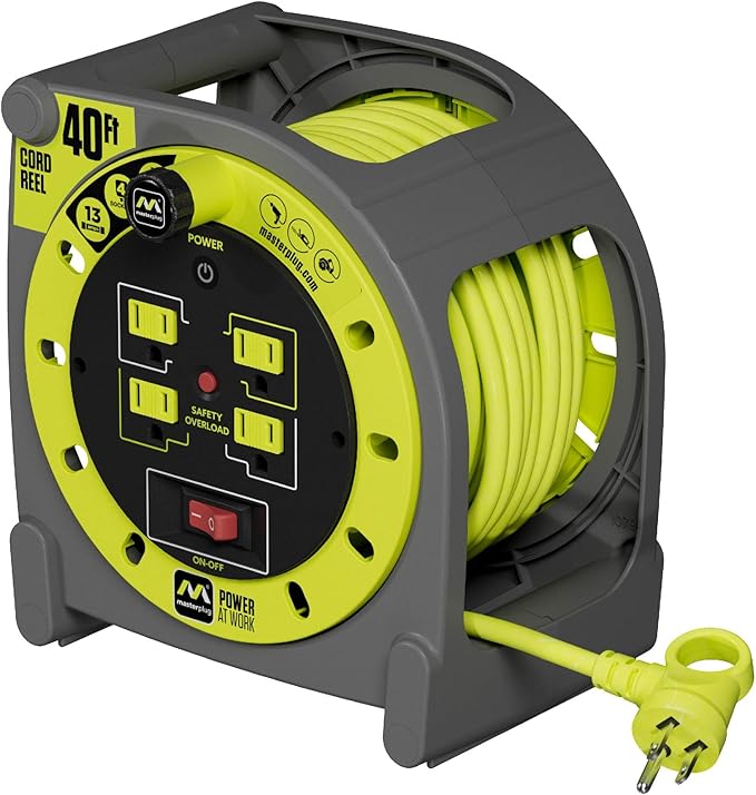 Masterplug 40ft Case Cord Reel, Retractable Extension Lead with Winding Handle, Safety Overload Circuit Breaker and Power Switch, 4X Grounded Outlets, 13amps, 14AWG Cable