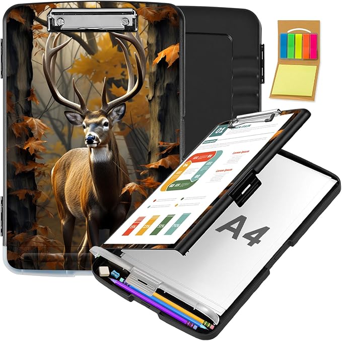 Clipboard with Storage,Office Supplies Nursing Clipboards Folder with Pen Holder Plastic Storage ClipBoard Foldable for Teacher Nurse,Camouflage Forest Deer
