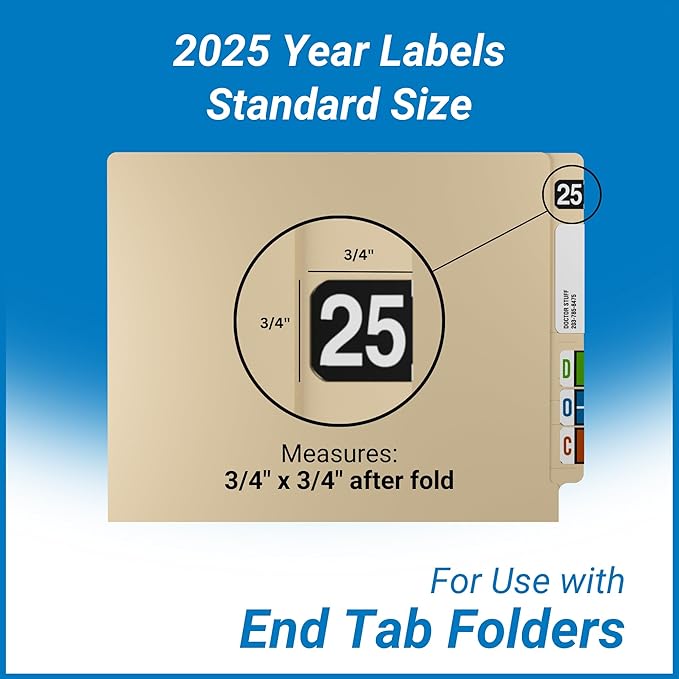 2025 Year Stickers, Doctor Stuff 2025 Chart Stickers, Black Color Coded, Ames/TAB Style, USA Made Year Labels for End Tab File Folders, 500/Roll, 1 Roll, 3/4" x 1-1/2"