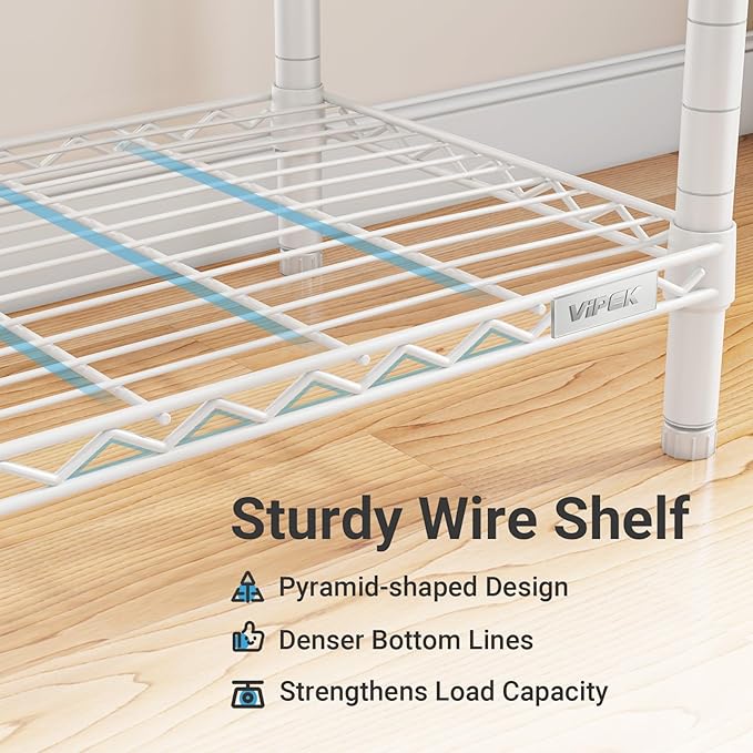 VIPEK R2 Plus Rolling Garment Rack 3 Tiers Adjustable Wire Shelving Clothes Racks with Wheels, Freestanding Wardrobe Storage Rack Heavy Duty Metal Clothing Racks for Hanging Clothes, White