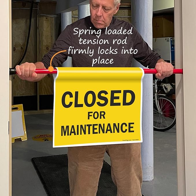 SmartSign 3-Pack 'Closed For Maintenance' Hanging Doorway Barricade Sign, Spring-loaded Adjustable Twist-To-Tighten Aluminum Pole & 11.25" x 18" Vinyl Safety Sign Kit, USA-Made