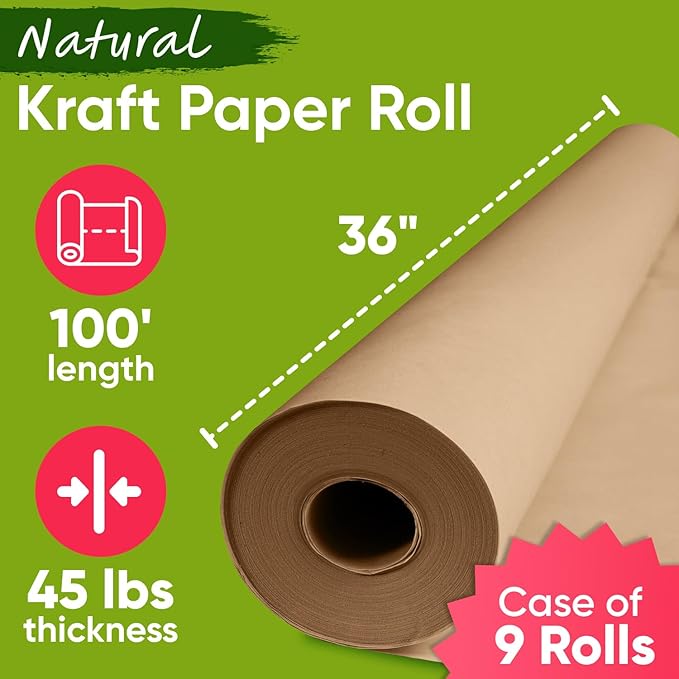 36" x 1200" (100 ft) Brown Kraft Paper (Case of 9 Rolls), 45 lbs Thickness, Kraft Paper for School, Art Colored Paper, Gift Wrapping, Packing for Moving