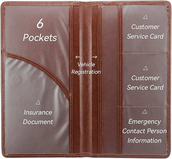 Car Registration and Insurance Holder, Premium Pu Leather Vehicle Glove Box Organizer - for Driver License, Cards & Essential Documents (L-Brown)