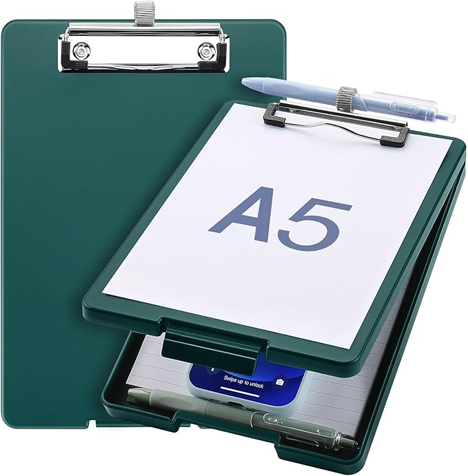 Small Clipboard with Storage, A5 Clipboards with Pen Holder, Half Letter Clip Boards 6x9 Mini Plastic Clipboard with Low Profile Clip for Classroom, School, Office Supplies (Emerald)
