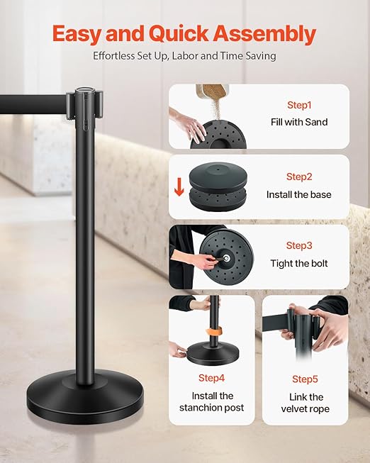 VEVOR Stanchion Post, 6 Pcs Stanchions with Retractable Belts, Carbon Steel Black Stanchions Queue with Sand Injection Hollow Base, Crowd Control Barriers for Theaters, Parties, Weddings, Exhibitions