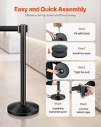 VEVOR Stanchion Post, 8 Pcs Stanchions with Retractable Belts, Carbon Steel Black Stanchions Queue with Sand Injection Hollow Base, Crowd Control Barriers for Theaters, Parties, Weddings, Exhibitions