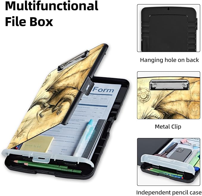 Clipboard with Storage Box & Pen Holder,Heavy Duty Clip Boards 8.5x11 for Nursing,High Capacity,School & Office Supplies,Dragon Blueprint