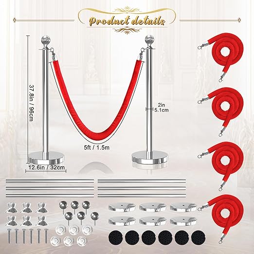 6Pcs Sliver Stanchion Post Queue Velvet Ropes and Posts with Soild Base and 4pcs 5 Ft Red Velvet Ropes Carpet Ropes Posts Stanchion Set Crowd Control Barriers for Party Supplies