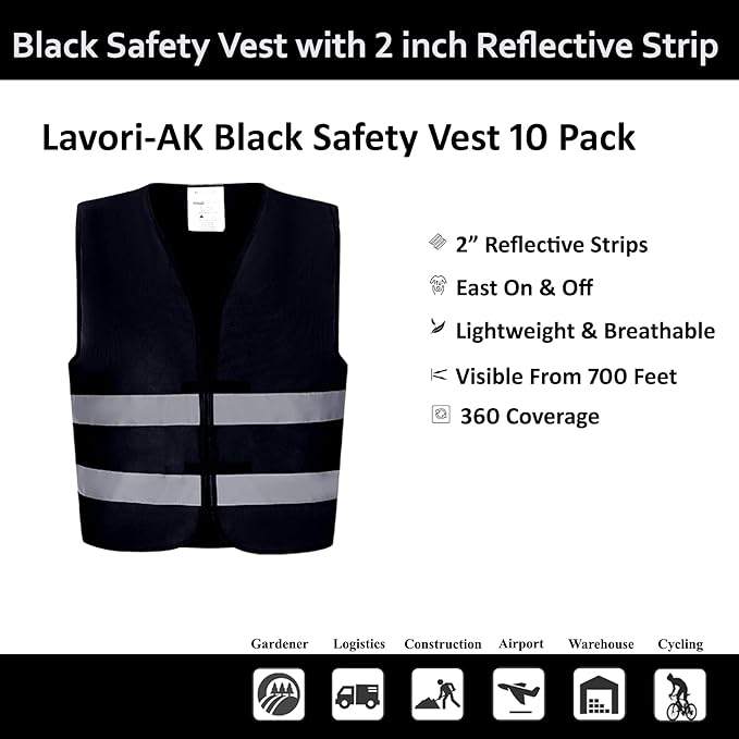 Black Safety Vests 10 Pack - Reflective High Visibility Construction ANSI Class 2 Work Vests for Men,Woman,Hi Vis Mesh and Neon Silver Strip