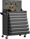 Greenvelly 7-Drawer Metal Tool Chest, Rolling Tool Chest with Wheels, Tool Cabinet with Pegboard and Hooks, Metal Tool Cart with Handle for Garage, Workshop, Warehouse (Black)