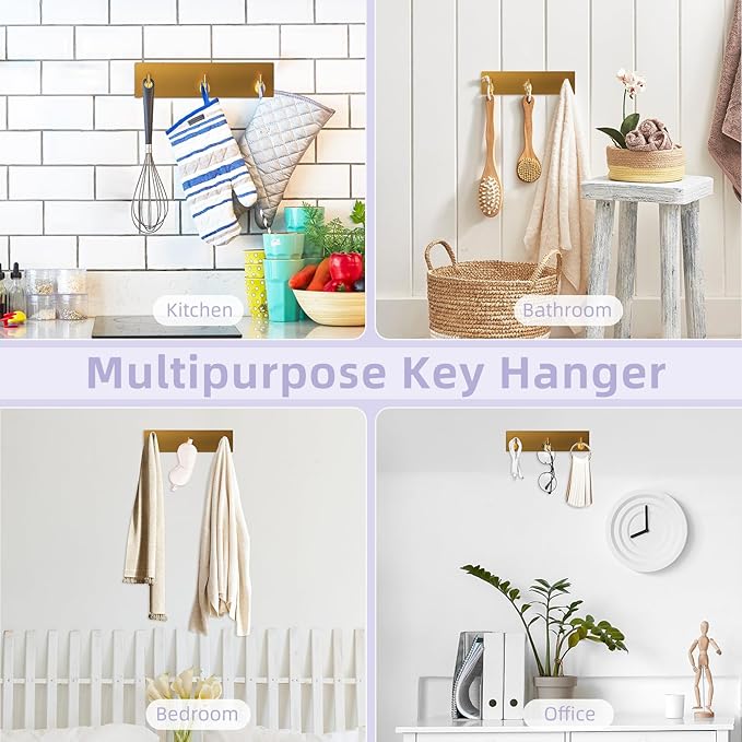 VIS'V Key Holder Wall Mount, Small Metal Self Adhesive Key Hanger with 3 Hooks, No Drilling, Extra Adhesive Strip, Gold