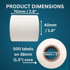 Blank Waterproof Label Stickers, White Write-On Polypropylene Labels with Strong Permanent Adhesive, 70mm x 40mm (2.8” x 1.6”), 500/Roll, Durable for Bottles, Storage Bins, Pantry & Cleaning Supplies