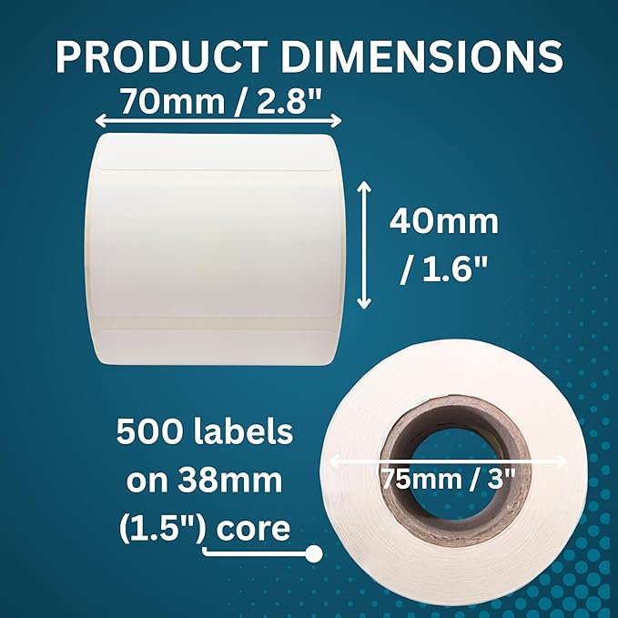Blank Waterproof Label Stickers, White Write-On Polypropylene Labels with Strong Permanent Adhesive, 70mm x 40mm (2.8” x 1.6”), 500/Roll, Durable for Bottles, Storage Bins, Pantry & Cleaning Supplies