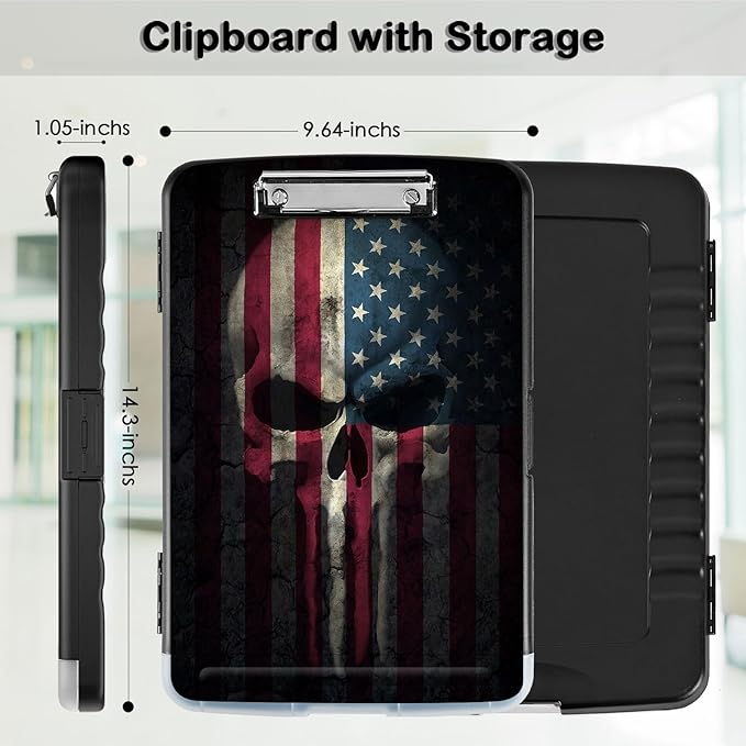 Clipboard with Storage,Office Supplies Nursing Clipboards Folder with Pen Holder Plastic Storage ClipBoard Foldable for Teacher Nurse,Skull Flag