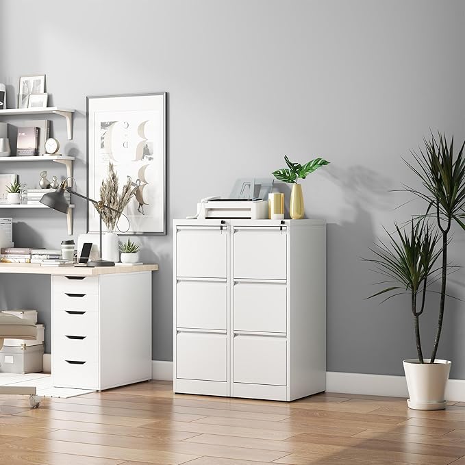 3 Drawer File Cabinet with Lock, Vertical Filing Cabinets for Home Office, Metal Storage Cabinets, Heavy Duty File Cabinet for Letter/Legal/A4/F4 Size Amssebly Required, White