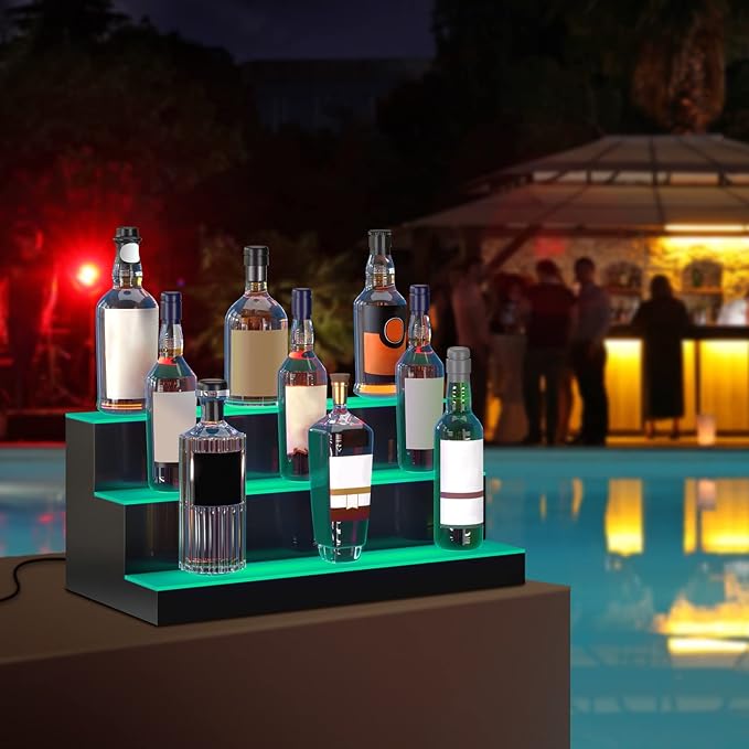 VEVOR LED Lighted Liquor Bottle Display, 3 Tiers 24 Inches, Supports USB, Illuminated Home Bar Shelf with RF Remote & App Control 7 Static Colors 1-4 H Timing, Acrylic Lighted Shelf for 18 Bottles