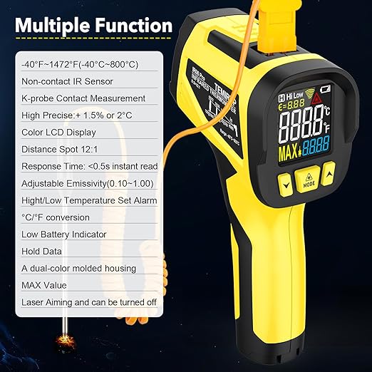 Infrared Thermometer Gun, Digital Laser Thermometrer Temperature Gun with Color LCD for Cooking, Pizza Oven, HVAC, IR Temp Gun with K-Probe, Adjustable Emissivity,-40°F to 1472°F(-40~800°C)