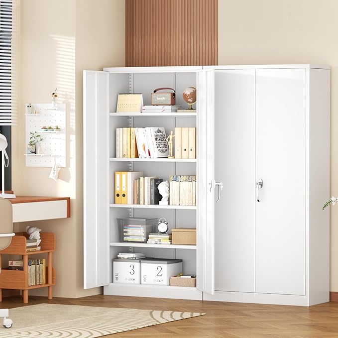 Superday Metal Storage Cabinet with Lock, 72" H Garage Storage Cabinet with Doors and 4 Adjustable Shelves, White Steel Locking Cabinets for Office, Home, Garage, Gym, School