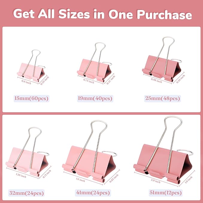 Temiary 208 Pcs Metal Binder Clips, Assorted Sizes Extra Large, Large, Medium, Small, Mini, Micro Binder Paperwork Clip, Morandi Colored Paper Clamps Bulk for Office, Home, School (Pink)