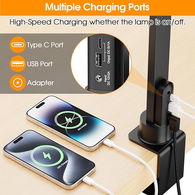 ShineTech LED Desk Lamp for Home Office, 25 Lighting Modes Swing Arm LED Lamp with Clamp, Gesture Sensor, Type C Port, Auto-Off Timer Lamp for Reading
