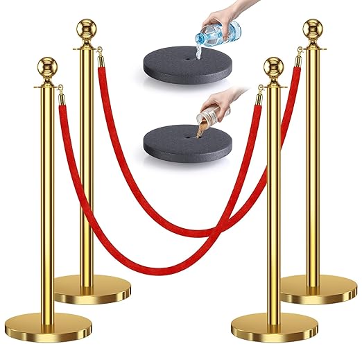 kaiyomi 4Pcs Stanchions with Red Velvet Ropes Set, 5 Feet Velvet Ropes and Posts Poles for Red Carpet Party Decoration and 360° Photo Booth (Golden)