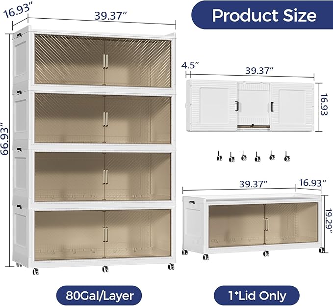320Gal Extra Large Stackable Storage Bins with Lid, 1280Qt Collapsible Storage Box with Wheels, Closet Organizers and Storage Cabinet Container for Home, Kitchen, Office, Bedroom, 4Pack White